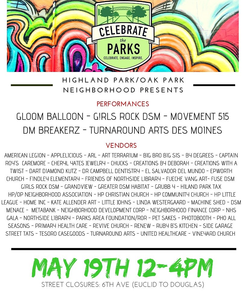 This year's Celebrate the Parks vendors and performances!! 

Event Page : facebook.com/events/3398536…

#DoNorth #Livedsm #Dsmusa #DesMoines