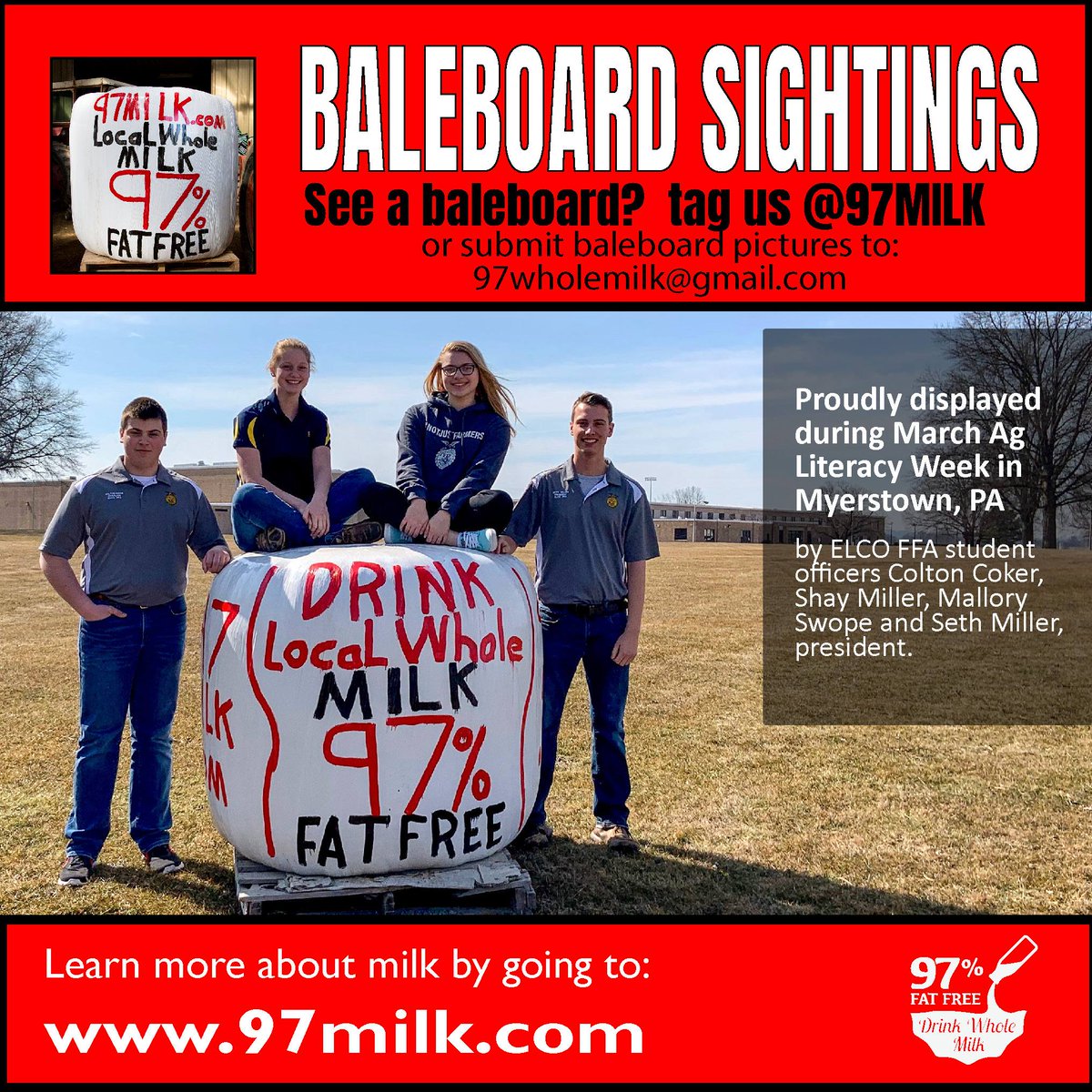 97milk1's tweet photo. Proudly displayed by ELCO High School FFA students near Myerstown, PA during Ag Literacy Week in March! Send us your 97 Milk Baleboard and sign sightings! Or post and tag us on social media! #DrinkWholeMilk #RealMilkRocks #97Milk https://t.co/QP9mQCXgrl