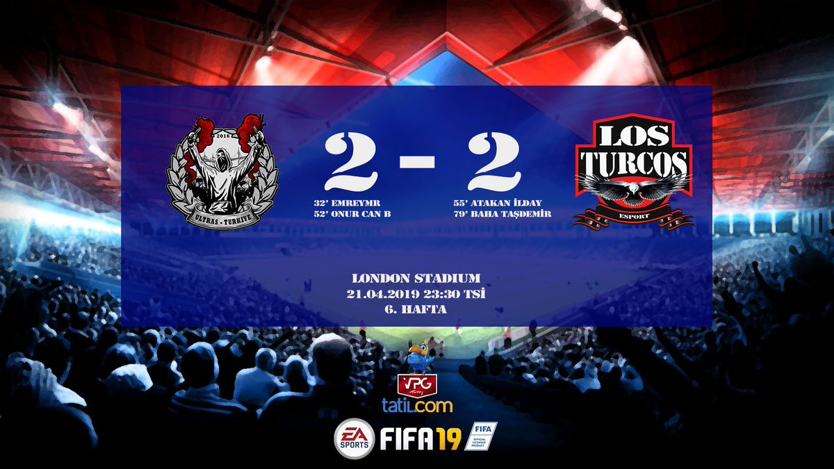 🏆 <a href="/VPGTurkey/">VPG Turkey</a> 1.Liginde, 6.Hafta maç sonuçlarımız. 
Rakiplerimize teşekkür ederiz:

✅ 6-1 <a href="/FkKizilelma/">KIZILELMA FK</a> 

➖ 2-2 <a href="/UltrasTR_Esport/">Ultras Türkiye E Sports</a> 

<a href="/OfficialVPG/">Virtual Pro Gaming</a>