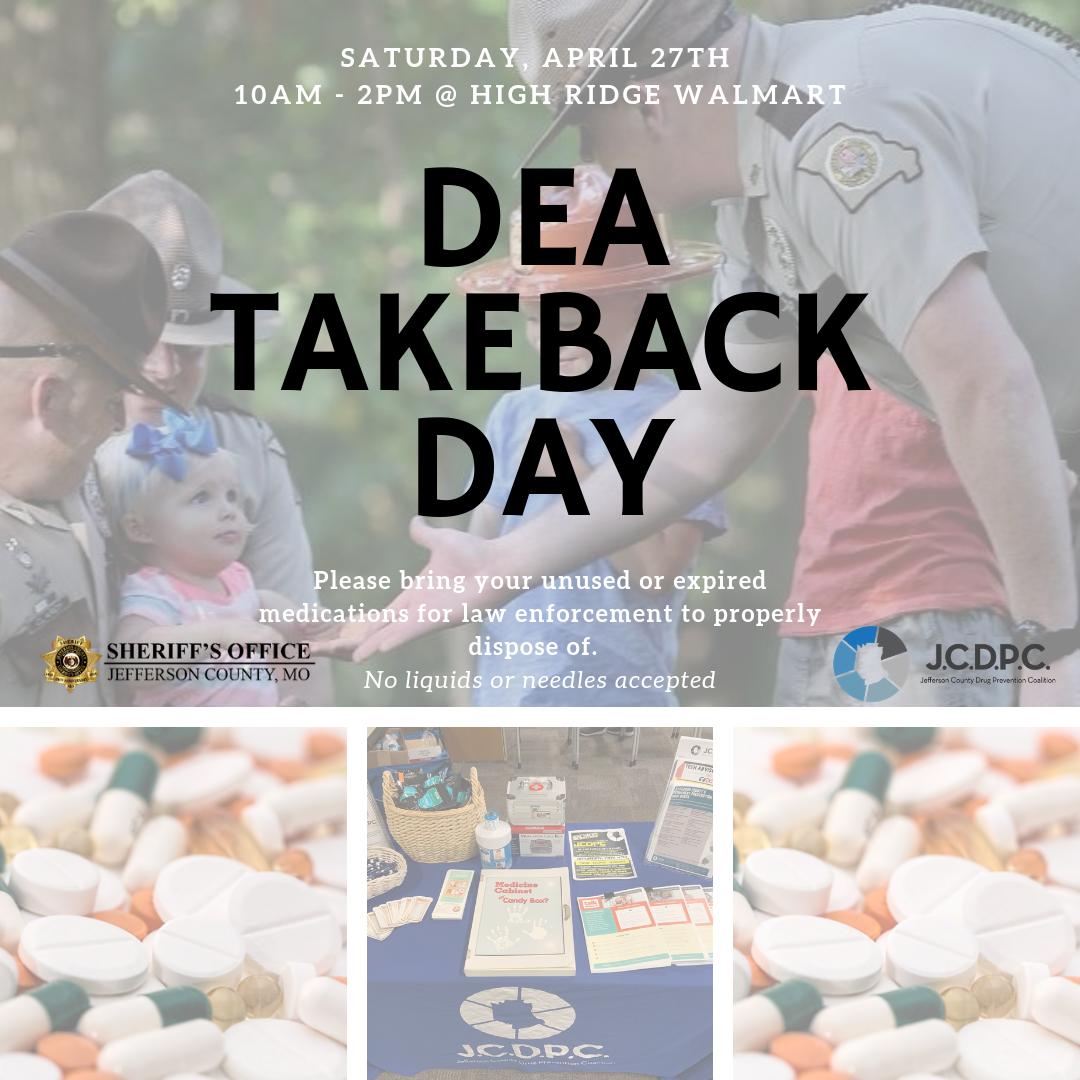 **Attention Jefferson County residents**
JCDPC is partnering with JC Sheriff's Office to host a prescription drug takeback at the Walmart in High Ridge from 10am-2pm on Saturday, April 27th.  Bring your unused/expired medication for law enforcement to dispose of properly!