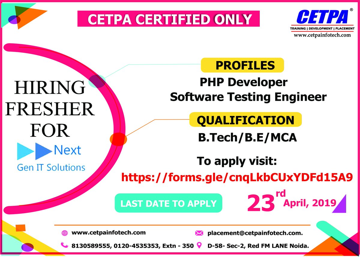 cetpainfo's tweet image. Excellent opportunity for B.TECH/BE /MCA students ~ Company: NextGen IT Solutions
Profile:- PHP Developer
Apply by clicking at:- forms.gle/cnqLkbCUxYDFd1…
#PHP_Developer #Software_Testing_Engineer #Jobopportunities ##Careers #Jobs #Trainee #PHP_TrainingCourse