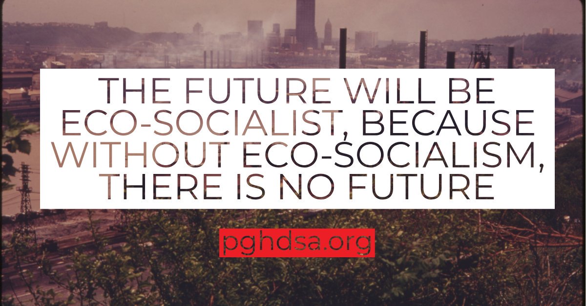 Graphic says "the future will be socialist, because without Eco-Socialism, there is no future" with a smaller text box below that says "pghdsa.org" on top of a background of very smoggy Pittsburgh