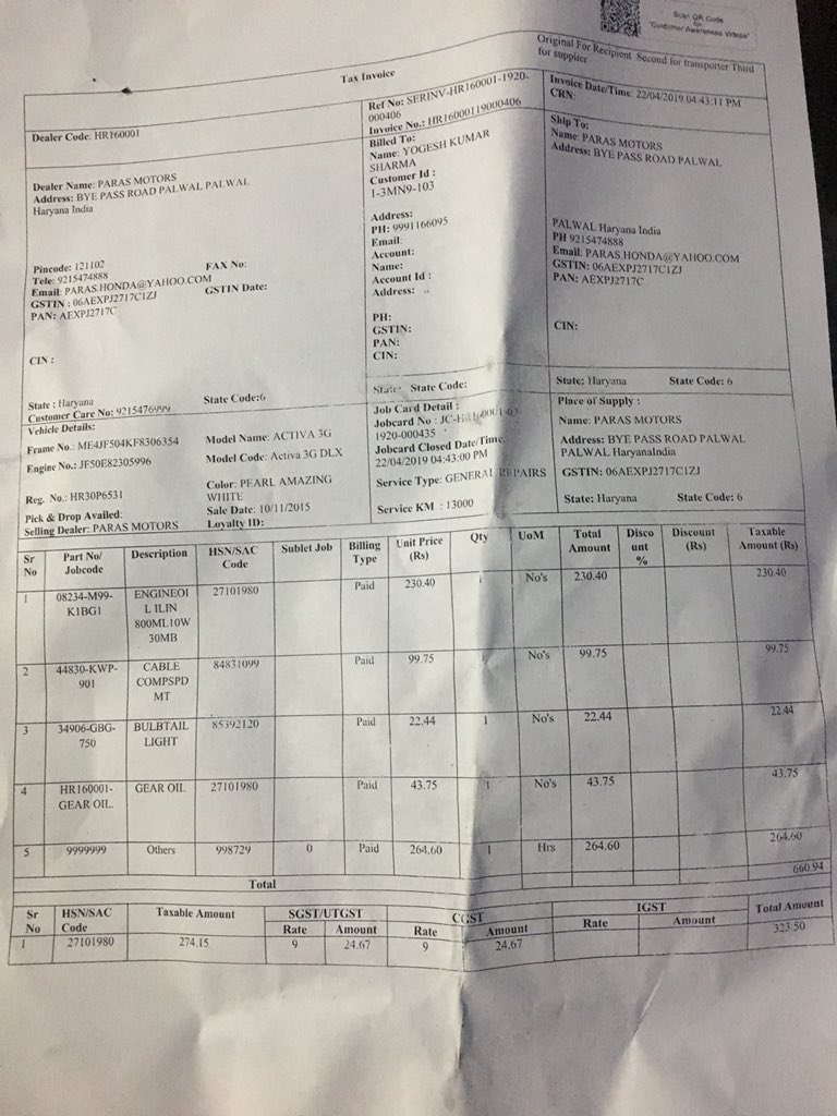 ydixit831's tweet photo. Worst experience with Paras Motor PALWAL regarding billing and service happened two times even after complained many time with customer care @honda2wheelerin https://t.co/mPZXLhlqgz