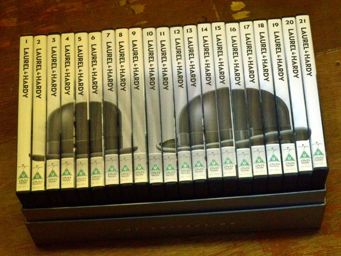 vopiscus_bm's tweet photo. #RetroDVD of the day number 2. #LaurelAndHardy The Collection, various years, #UniversalPictures. Includes much (but not all) of their work together. Films are grouped thematically over 21 disks. When stored in order, the DVDs form the boys' bowler hats. https://t.co/lFUbf4nUyg