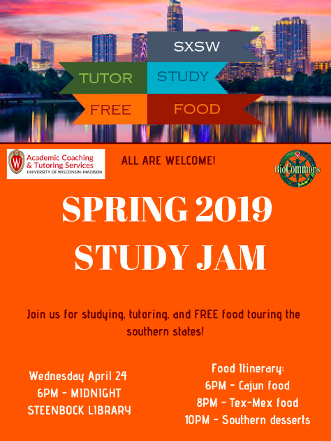 UWMadLibraries's tweet image. Join us this Wednesday the 24th for the Spring 2019 Study Jam at Steenbock Library. Studying, tutoring, and free food! facebook.com/events/6321780…