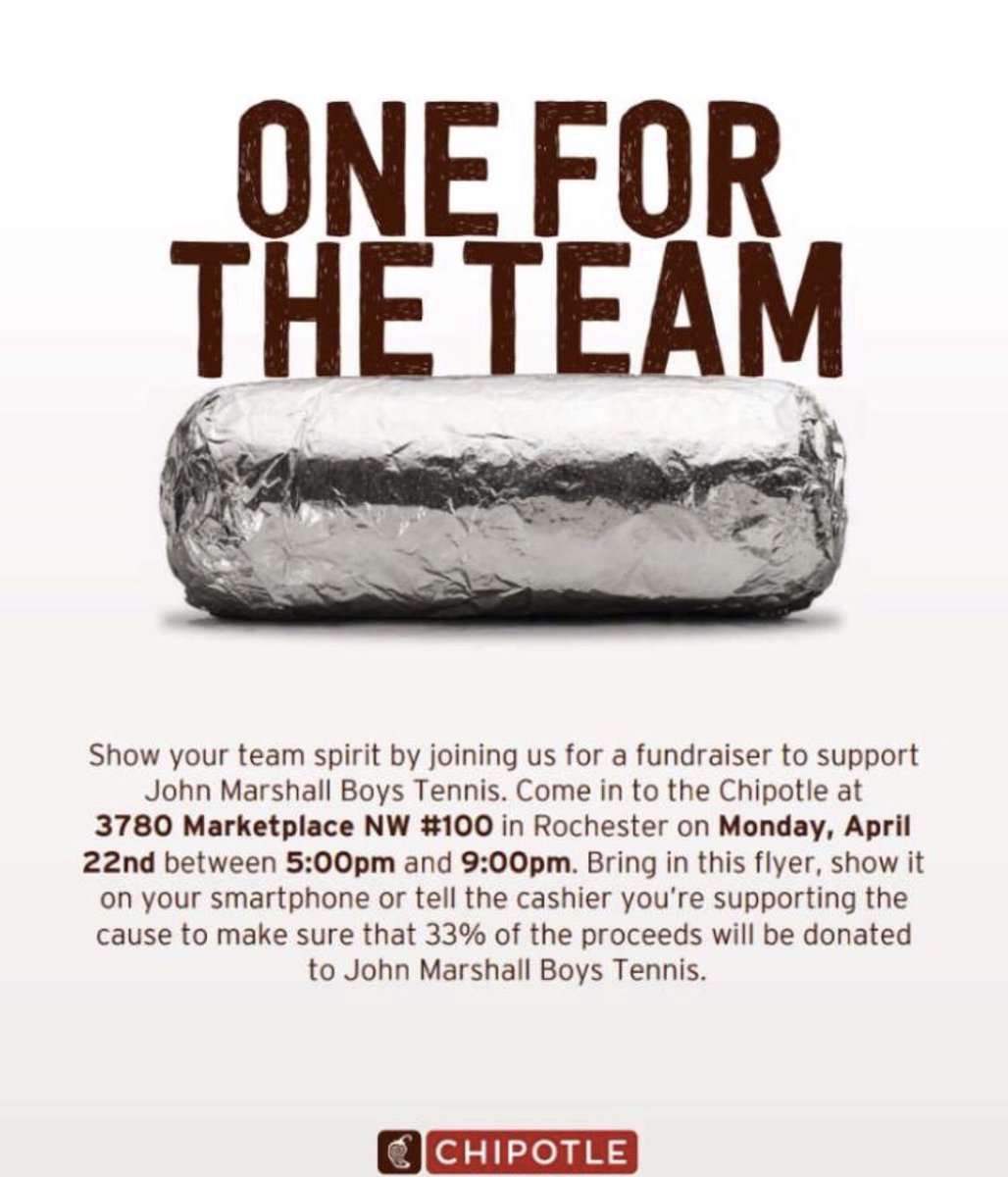 Support John Marshall boys tennis by eating good tonight at Chipotle! 🎾 🌯