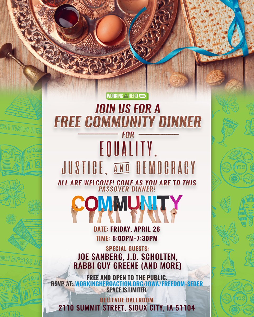 WorkingHeroIowa's tweet image. Sioux City and surrounding area residents:

Please join us this Friday from 5-7:30 PM at the Bellevue Ballroom as we host a free community dinner. We are also teaming up with a local food pantry to ensure that guests leave with additional meals. More details can be found below!