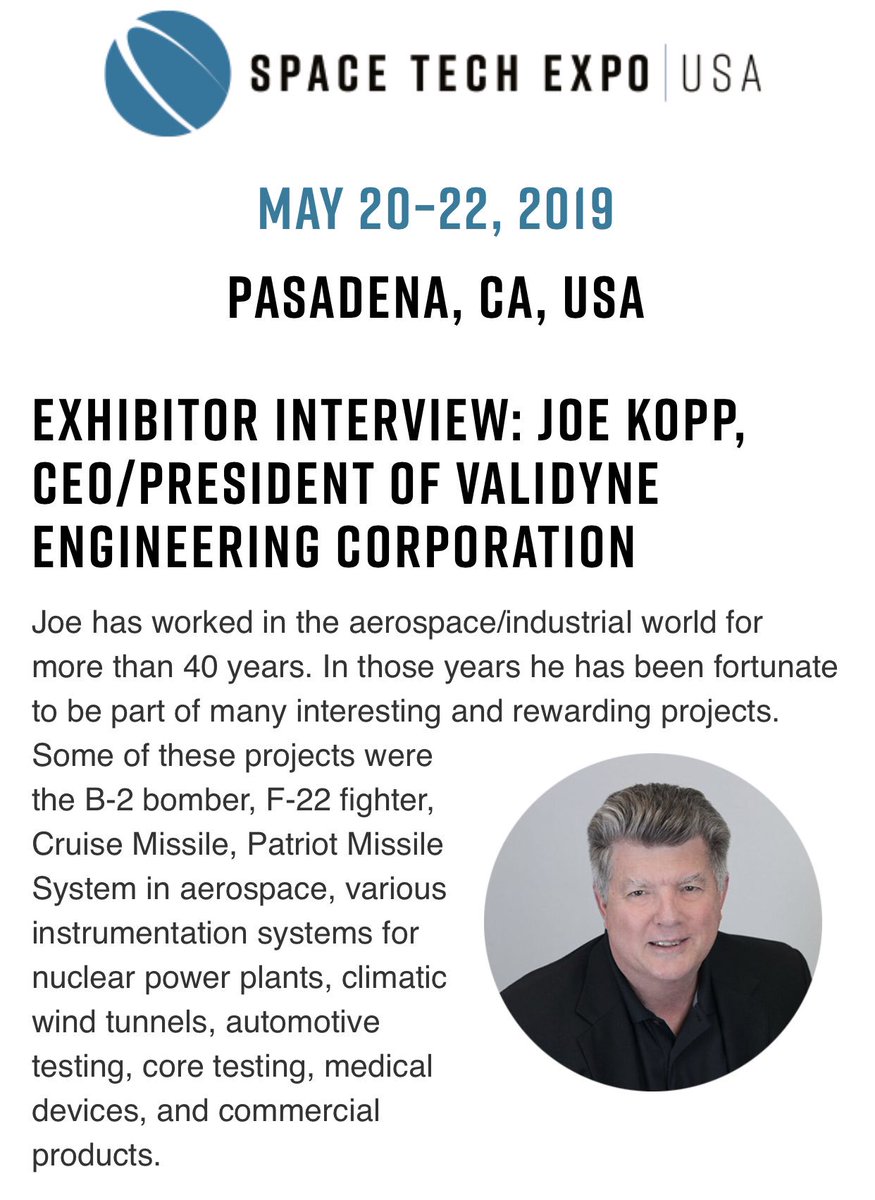 validyne's tweet photo. Check out @spacetechexpo interview with Joe Kopp, President at Validyne Engineering - https://t.co/xMxubvpS5C
#space #SpaceTech https://t.co/LcYSPaylbV