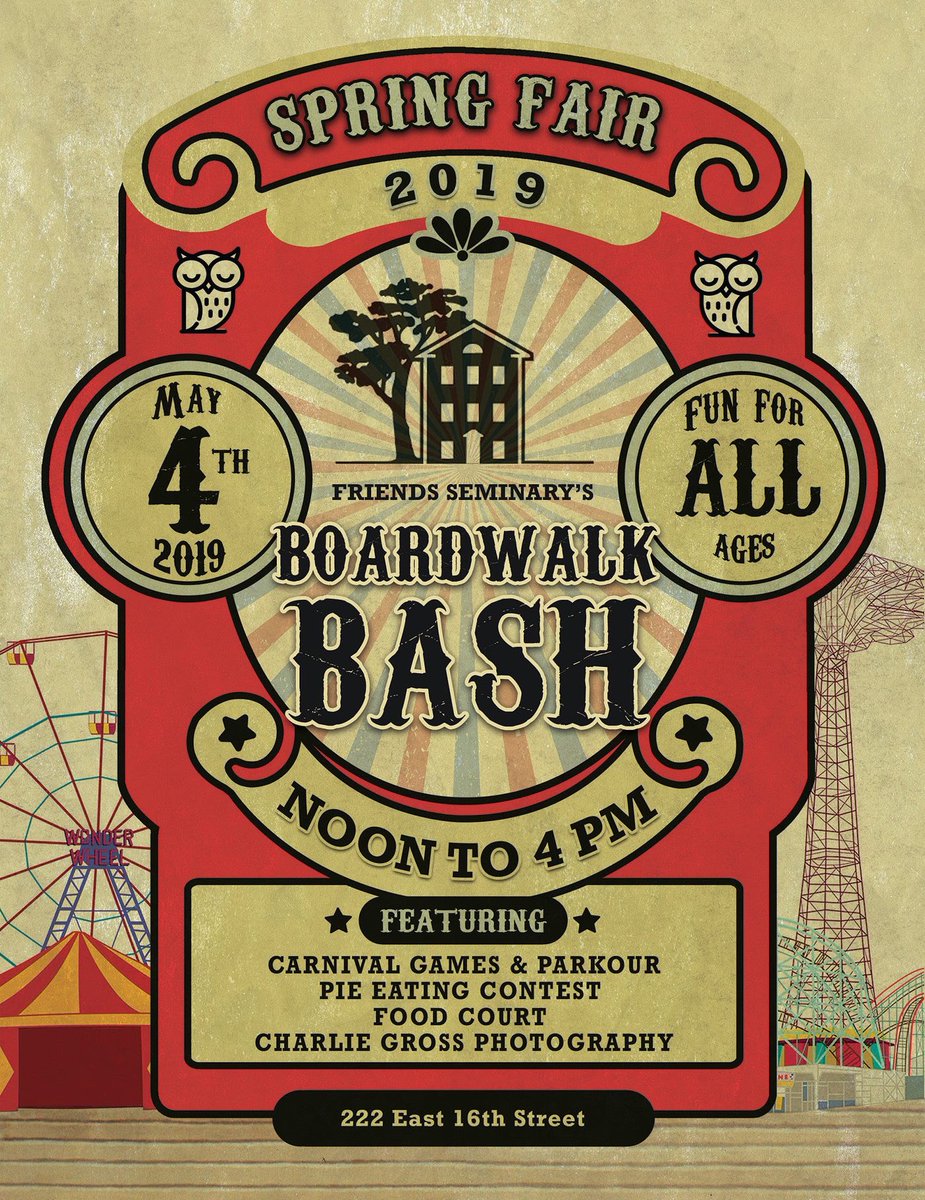 FriendsSeminary's tweet image. Friends families! Take a step back in time with us as we bring Coney Island to Friends Seminary for the Spring Fair Boardwalk Bash on Saturday, May 4 from 12-4 PM. To learn more and to buy tickets, visit friendsseminary.org/springfair2019
