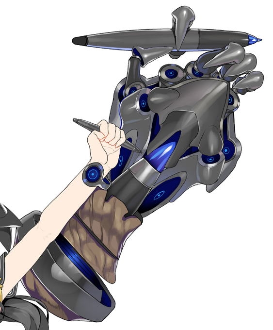 パワーアーム的なマッシブ装備
僕の描く武器で多用される表現ですが
一部パーツが浮いています
部分的に力場(フィクション物理)が発生し
その付近に接続パーツを持つものが浮くというインチキ原理です
既存の武器を描くのも好きですが
持ち手でポーズの自由度が減るのが気になることが多いので 