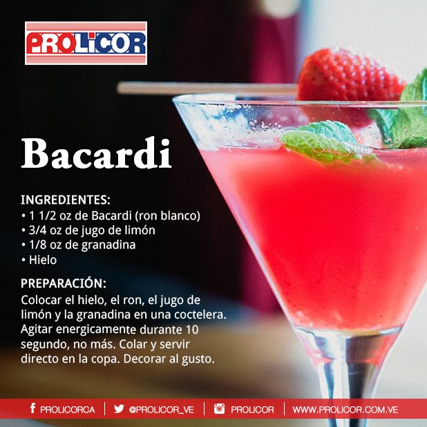 PROLICOR_VE's tweet photo. El cóctel Bacardi forma parte de la familia de los daiquiris, aunque en este particular que hoy les presentamos, contiene una mezcla un poco más fuerte de lo habitual y un sabor agridulce, que seduce el paladar más exquisito.

#Prolicor #Bacardi #RonBlanco #Coctel https://t.co/4ygsafDn3X