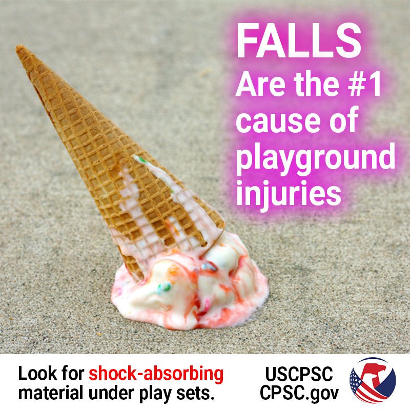 An ice cream cone upside down on the ground. The text reads: Falls are the number one cause of playground injuries. Look for shock-absorbing material under play sets.