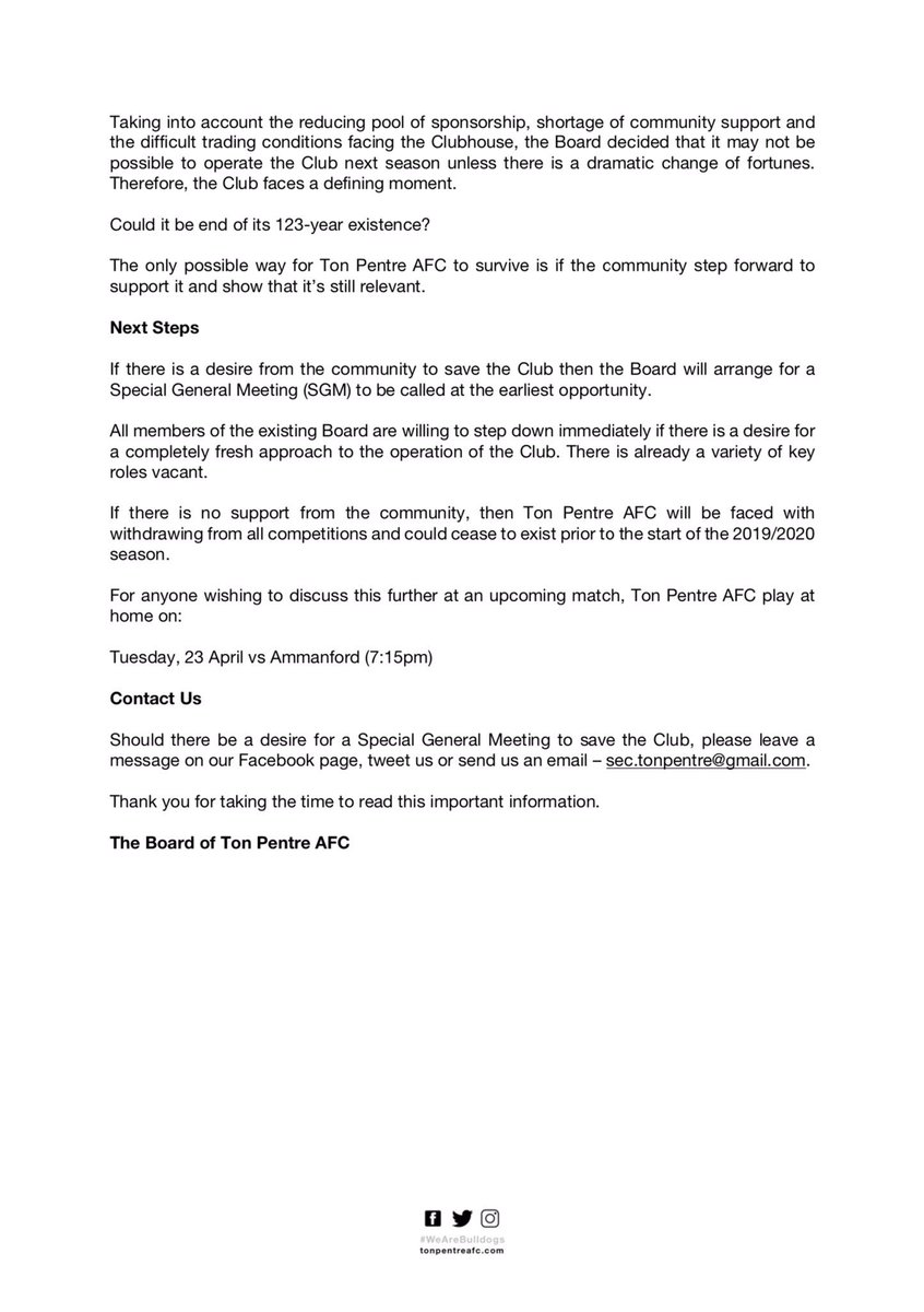 #ClubStatement 🔴 Without immediate action there is a real possibility that Ton Pentre AFC will not be in a position to commence, or complete, the 2019/20 season.

Read more: wp.me/ptekV-3zJ