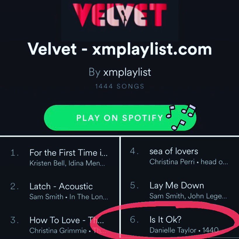 DanielleTaylor_'s tweet photo. So #excited to see my #song #IsItOk on the #top6 of the @siriusxm #velvet #spotify #playlist ~ #siriusxmvelvet #sxmvelvet π΅ 1400+ songs & Iβm #6 πππ» #ThankYou to everyone #listening & of course to #SXM for continuing to play me!β€οΈ Catch them on Ch.304 in your #car & on the #app https://t.co/QhnLteul1p