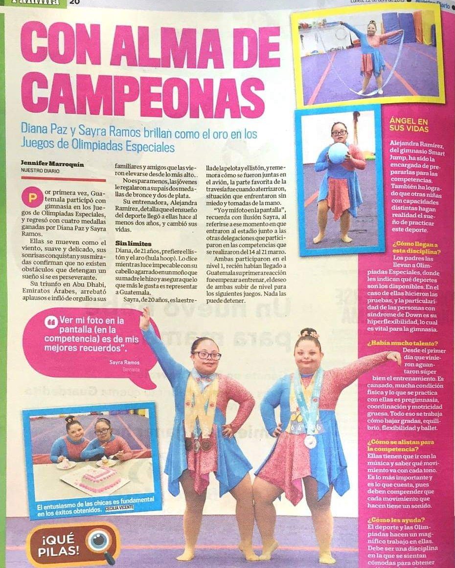 "Con alma de campeonas". Le agradecemos en forma especial a <a href="/NuestroDiario/">Nuestro Diario</a> por la nota realizada a nuestras atletas Sayra Barrios, Diana Paz, quienes nos representaron en gran forma durante los XV Juegos Mundiales - Abu Dhabi 2019. #EligeIncluir  #ApoyaalosCampeones