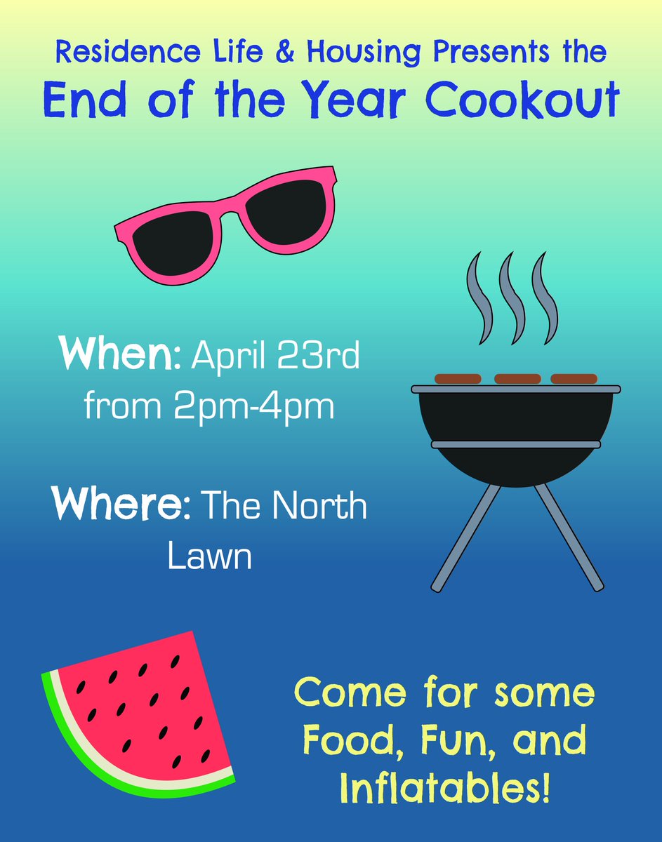End of The Year Cookout tomorrow 2:00pm-4:00pm on the North Lawn!  Keep an eye on you IU email for updates