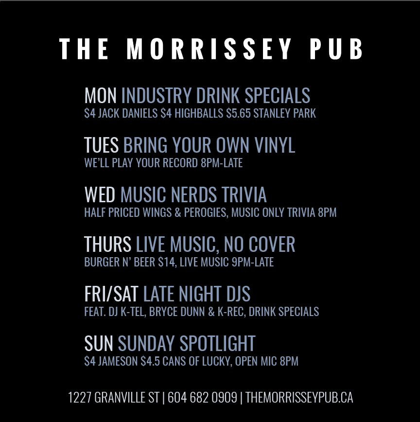 morrissey_pub's tweet photo. Plan your week accordingly 😜#livemusic #drinks #trivia #happyhour #vancouver https://t.co/jyNZ8TQvsl