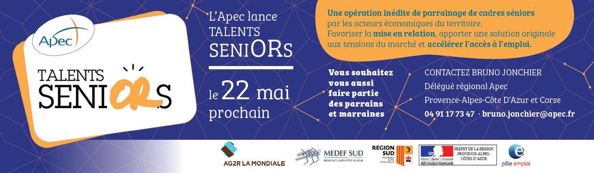 Bruno JONCHIER (@brunojonchier) on Twitter photo Après #SésameJeunesTalents l’<a href="/ApecPacaCorse/">L'Apec Provence-Alpes-Côte D’Azur & Corse</a> lance le 22mai prochain une nouvelle une opération de #parrainage de cadres #seniors avec <a href="/MaRegionSud/">Région Sud</a> <a href="/AG2RLAMONDIALE/">AG2R LA MONDIALE</a> @MedefPACA <a href="/Prefet13/">Préfet de la région Provence-Alpes-Côte d'Azur</a> @poleemploi_paca Des #Talents & #Compétences pour répondre aux besoins économiques du territoire Après #SésameJeunesTalents l’<a href="/ApecPacaCorse/">L'Apec Provence-Alpes-Côte D’Azur & Corse</a> lance le 22mai prochain une nouvelle une opération de #parrainage de cadres #seniors avec <a href="/MaRegionSud/">Région Sud</a> <a href="/AG2RLAMONDIALE/">AG2R LA MONDIALE</a> @MedefPACA <a href="/Prefet13/">Préfet de la région Provence-Alpes-Côte d'Azur</a> @poleemploi_paca Des #Talents & #Compétences pour répondre aux besoins économiques du territoire