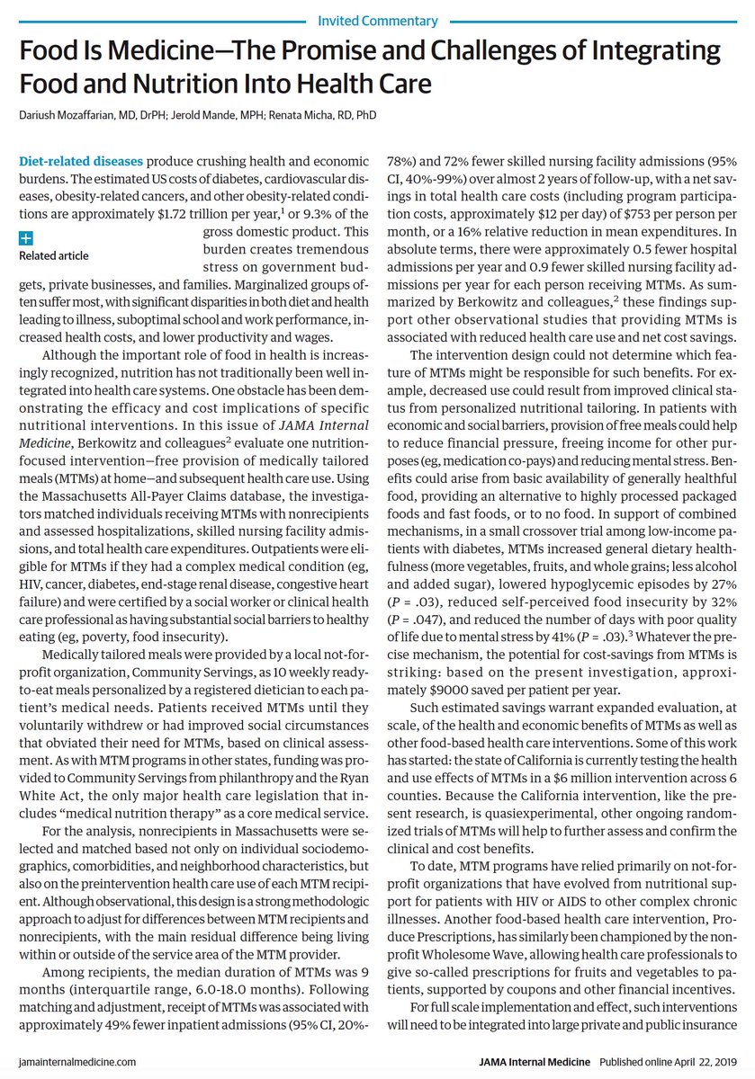 Eric Topol (@erictopol) on Twitter photo Food as medicine?: individualized diets delivered to home associated with less hospital admissions and lower costs (matching, not randomized)
jamanetwork.com/journals/jamai⦠by <a href="/SethABerkowitz/">Seth A. Berkowitz</a> and colleagues <a href="/UNC/">UNC-Chapel Hill</a> editorial <a href="/Dmozaffarian/">Dariush Mozaffarian</a> <a href="/JerryMande/">Jerold Mande</a> <a href="/TuftsNutrition/">Tufts Nutrition</a> <a href="/JAMAInternalMed/">JAMA Internal Medicine</a> Food as medicine?: individualized diets delivered to home associated with less hospital admissions and lower costs (matching, not randomized)
jamanetwork.com/journals/jamai⦠by <a href="/SethABerkowitz/">Seth A. Berkowitz</a> and colleagues <a href="/UNC/">UNC-Chapel Hill</a> editorial <a href="/Dmozaffarian/">Dariush Mozaffarian</a> <a href="/JerryMande/">Jerold Mande</a> <a href="/TuftsNutrition/">Tufts Nutrition</a> <a href="/JAMAInternalMed/">JAMA Internal Medicine</a>
