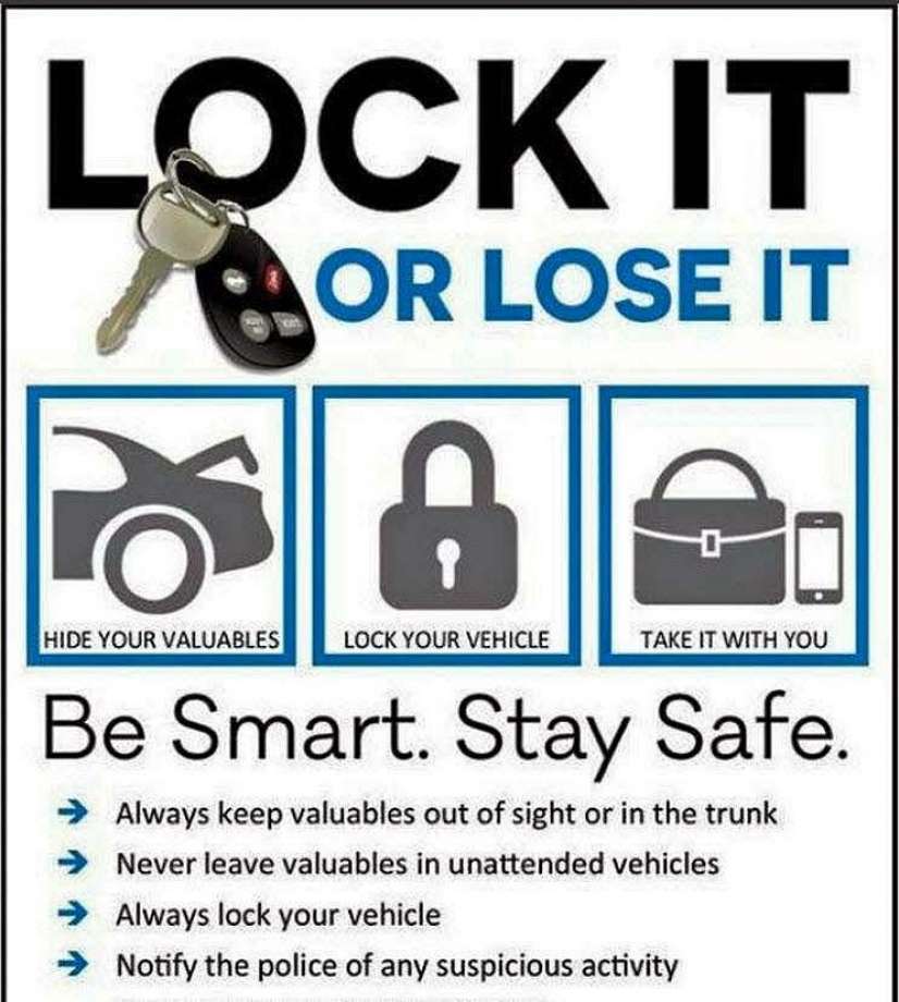 Just a reminder that when you park your car not to leave any valuables in the car or in plain sight. 

There has been a recent spike in car breaks in the region &amp; it is believed a professional group that works around the country is in the area actively doing these now.