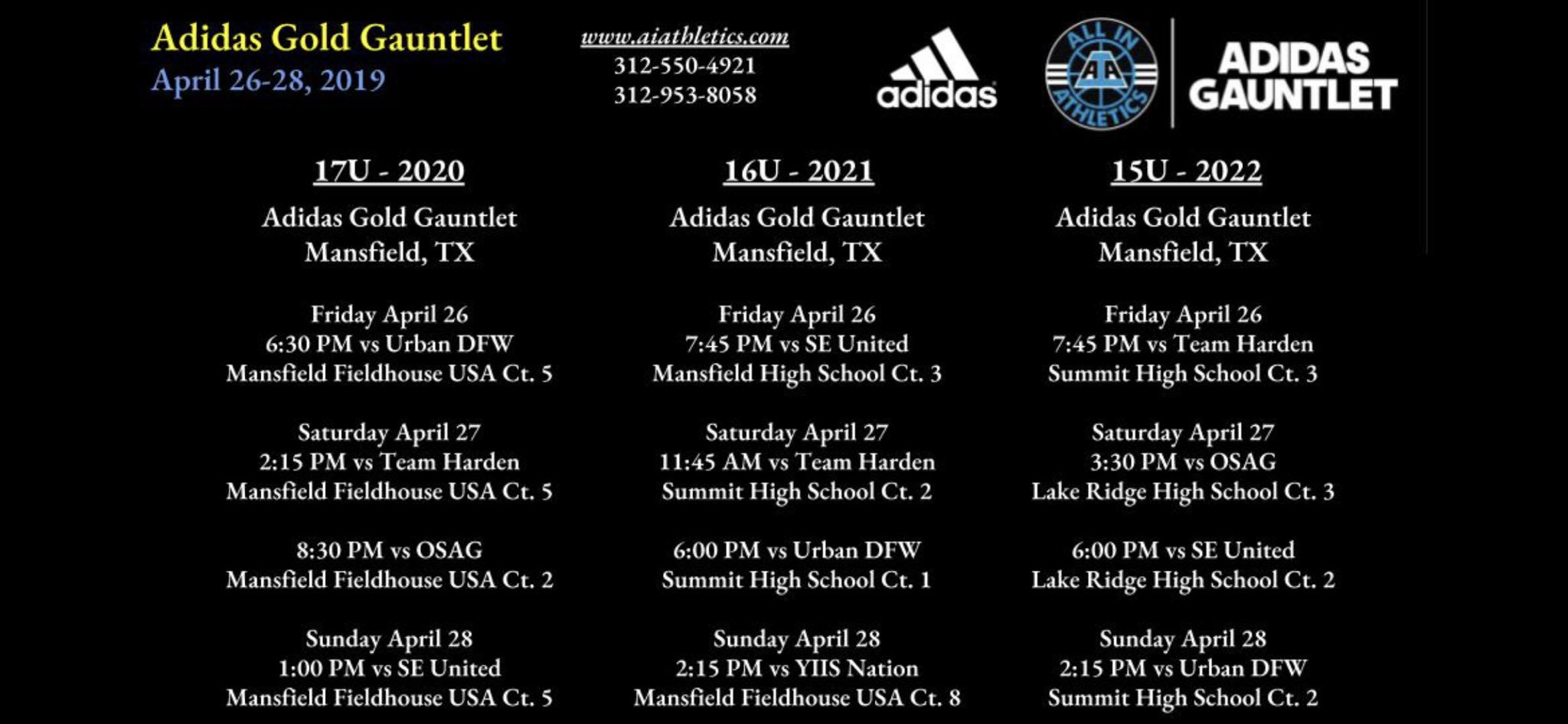 Adidas Gauntlet 2022 Schedule Julian Williams On Twitter: "All In Athletics 15U - 16U - 17U Adidas Gold Gauntlet  Schedule - April 26-28: Ncaa Live Period - Mansfield, Tx @Gauntletseries  @3Stripescircuit @Bsnow247 @Evandaniels @Joshgershon @Paulbiancardi  @Dellisonscout @
