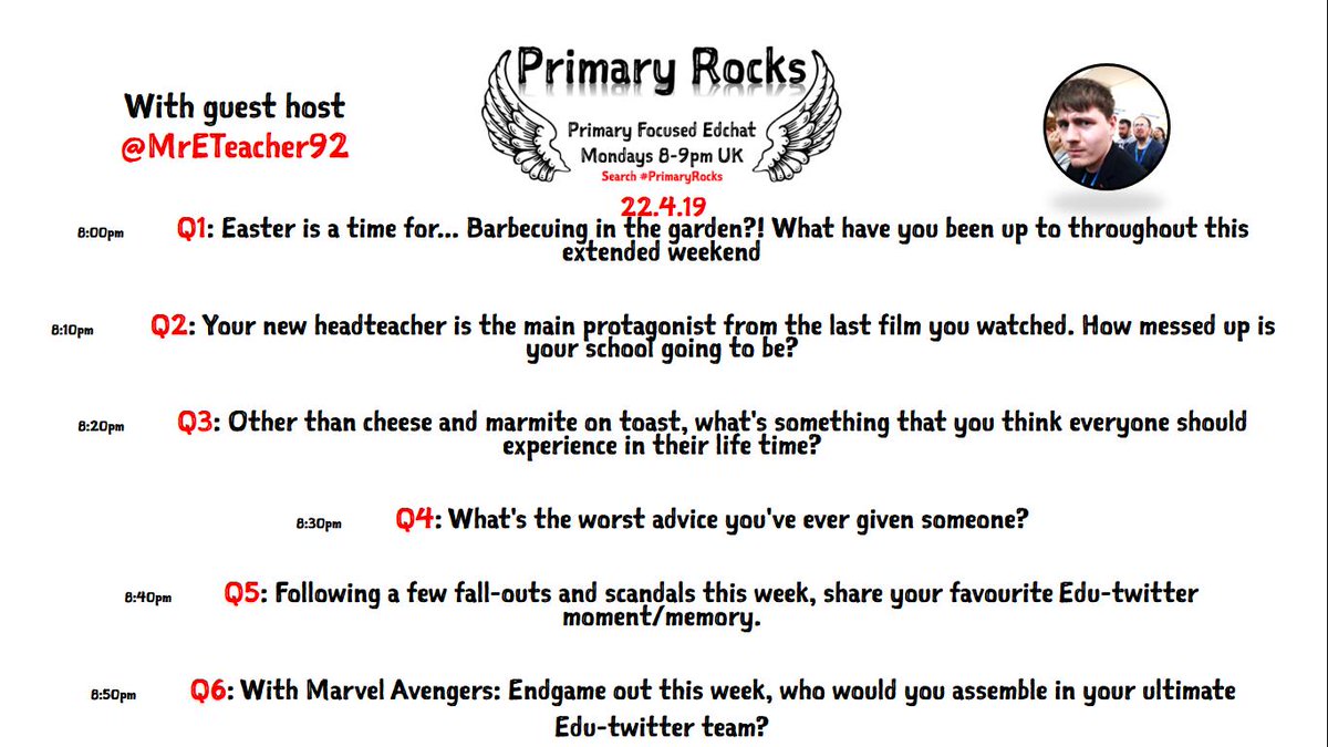 PrimaryRocks1's tweet photo. Here we go folks...
Bank Holiday Monday so a lighthearted #PrimaryRocks with guest host @MrETeacher92
If you would like to host #PrimaryRocks, DM @gazneedle
:) https://t.co/hUHzE6EwIn