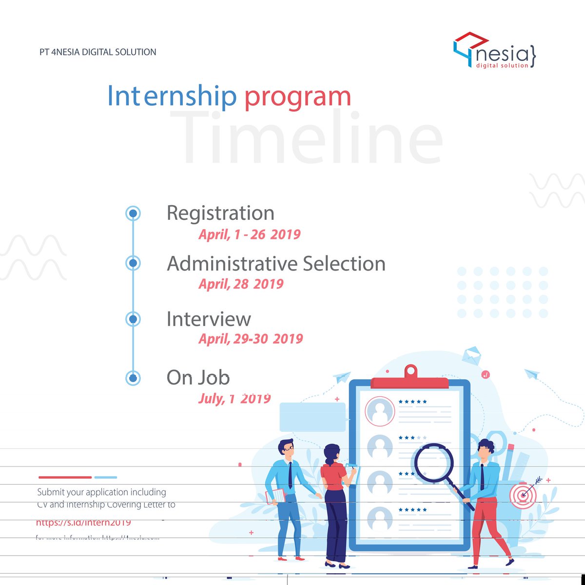 4nesia's tweet image. Halo 4nesian!
Berikut tahapan proses 4nesia Internship Program 2019:
1. Registrasi : 1-26 April 2019
2. Pengumuman Administrasi : 28 April 2019
3. Wawancara : 29-30 April 2019
4. Mulai bekerja: 1 Juli 2019
Untuk info lengkap silahkan kunjungi link berikut: s.id/intern2019
