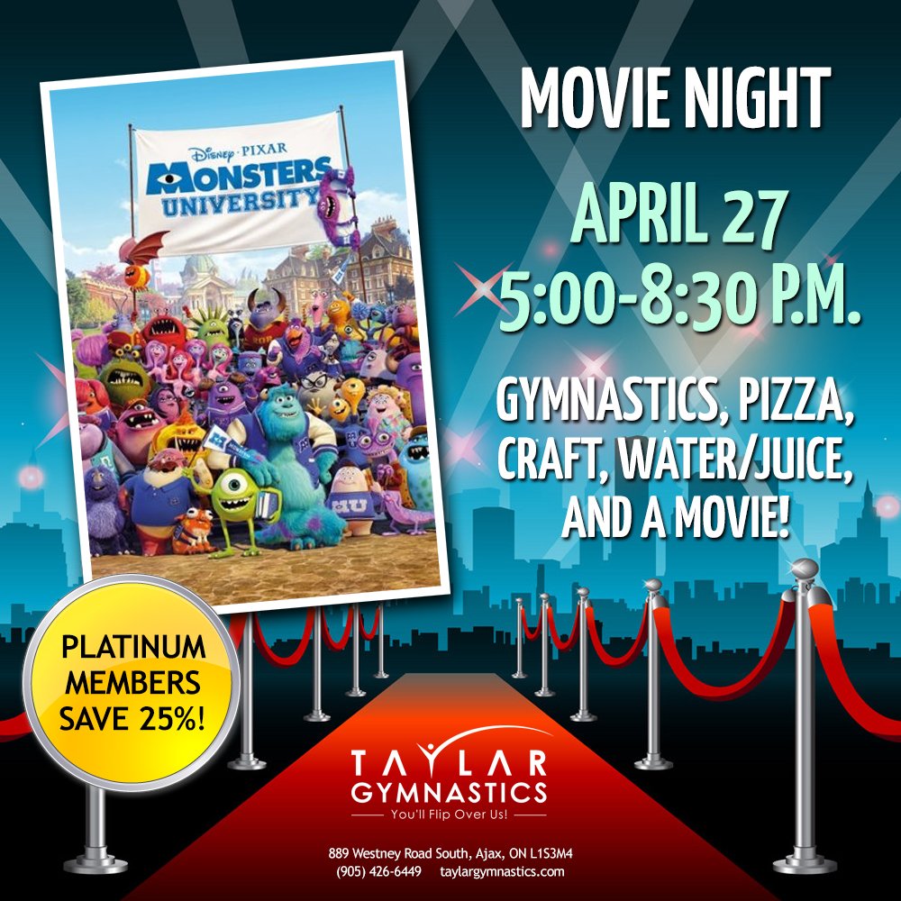 taylargym's tweet photo. Looking for an activity this weekend? Join us on Saturday for time in the gym, a slice of pizza, craft, water/juice, and watching Monsters University on a projector in the gym. Platinum members save 25%! Register: https://t.co/6ATC1kGk0Z https://t.co/1LlKvqlLVm