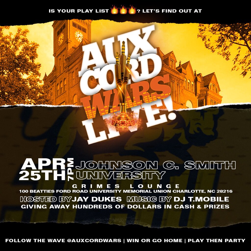 gbacjcsu_'s tweet photo. THURSDAY 4/25 of BULLFEST WEEK😈 •
•An event you don’t want to miss🤯‼️
•
We have the official @auxcordwars coming to Grimes Lounge starting at 7:00pm 🔥🔥🔥 #BFW19 #Bullfest19 #JCSU #JohnsonCSmithUniversity 💛💙 https://t.co/giM6gzcaws