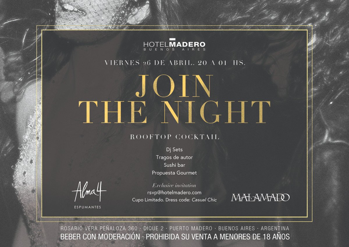SAVE THE DATE 26/4 Rooftop #JoinTheNight! 
Sushi bar y propuestas gourmet para maridar con los espumantes #Alma4, en una noche única en el #HotelMadero.