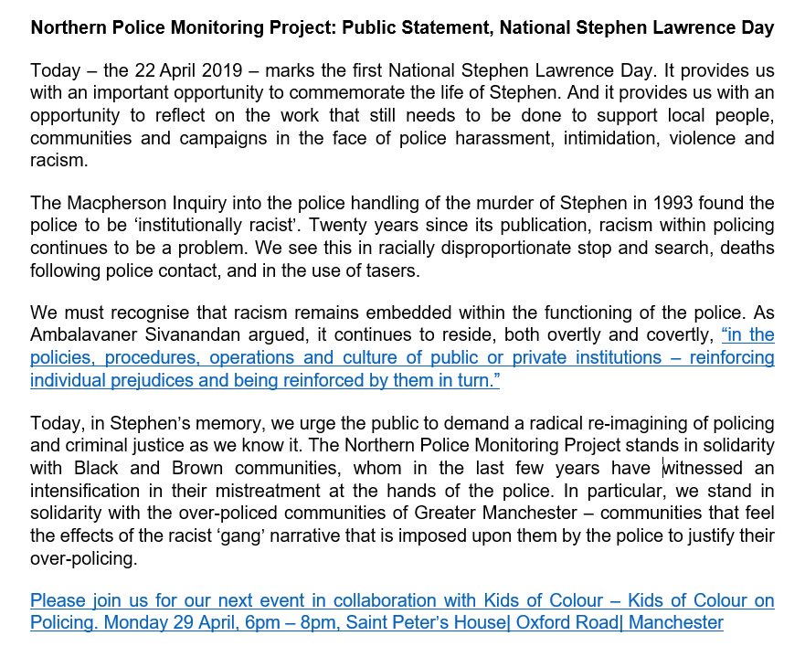 npolicemonitor's tweet photo. #StephenLawrenceDay offers us the chance both to commemorate Stephen, and to reflect on the work that is still needed in the face of police harassment, violence and racism. A statement from us to mark the 1st National Stephen Lawrence Day https://t.co/XwQwdVEDZu