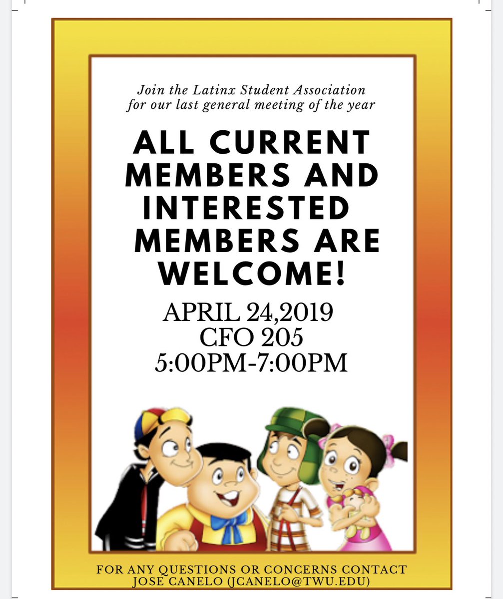Hello Pioneers,
The Latinx Student Association would like to invite y’all to our last meeting of the semester!🍭
If you are interested in becoming a member or if you would like to run for a position on the executive board please email(jcanelo@twu.edu)
We hope to see you all soon!