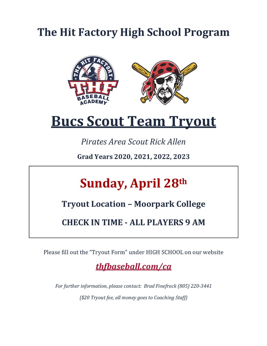THFBaseball's tweet photo. Bucs tryouts this Sunday, register here https://t.co/PL7bse0K4o https://t.co/YEbqN8q6L9