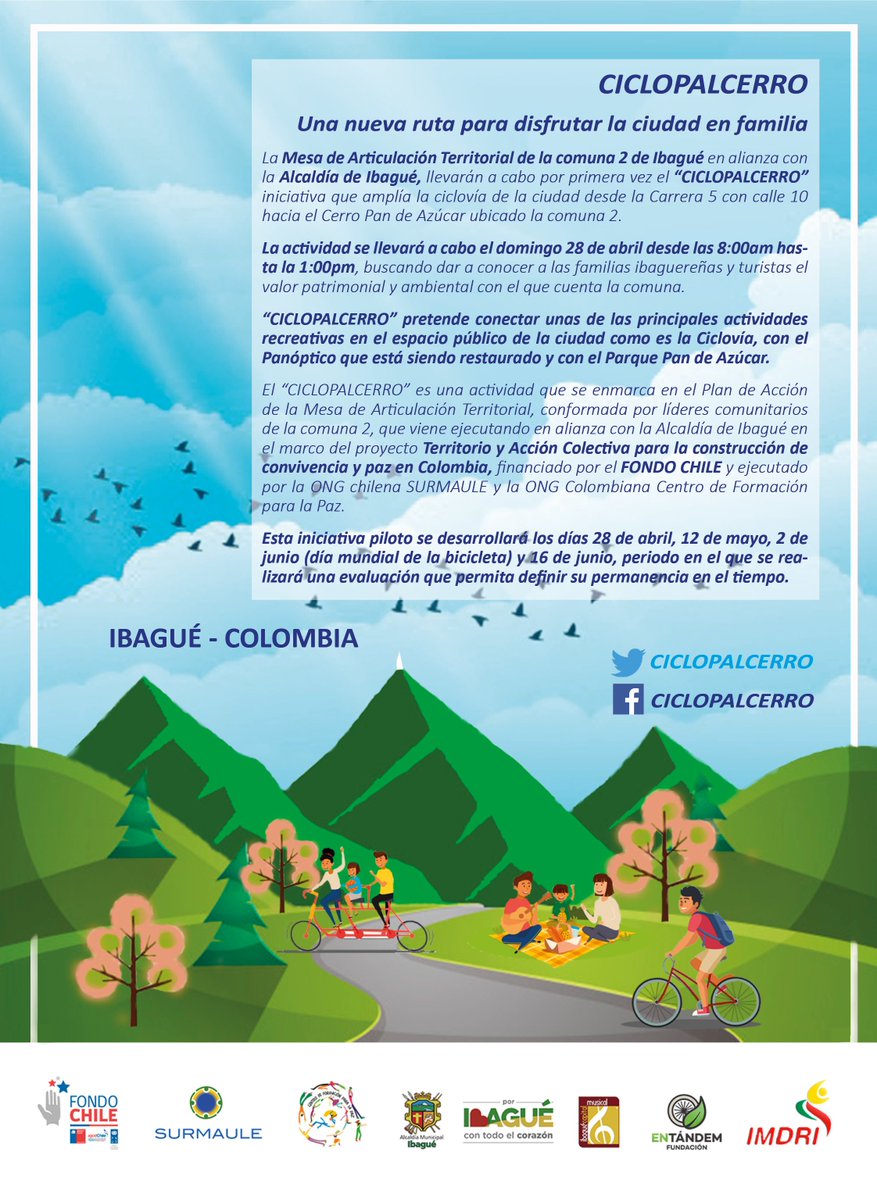 FormacionPaz's tweet photo. Este 28 de abril desarrollará en #Ibague el #CICLOPALCERRO, una iniciativa de la Mesa de Articulación Territorial #MAT comuna 2 en conjunto con la @Alcaldiaibague. @nuevodiaibague @EcosdelCombeima @RadioUnoIbague @pyc_tv @lavozdeltolima @Caracol_Ibague https://t.co/LKouZ8Ro4y