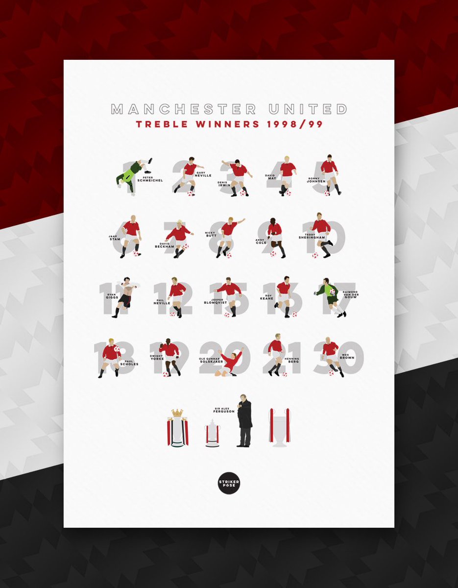 strikerpose's tweet photo. Not been a great week so why not remind a #mufc fan of the good old days with a #Treble Winners #print celebrating 20 years of #mufc’s greatest season. DM for details. • #manutd #treble #united #PremierLeague #facup #championsleague #Beckham #ggmu #OldTrafford #manchester https://t.co/Ai8uUYE0YM