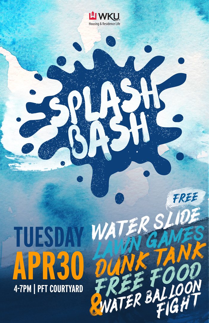 Join us for #WKU SplashBash on Tuesday, April 30! Take a break from studying with a water slide, lawn games, dunk tank, free food, giveaways, and a water balloon fight! 4-7pm in the PFT Courtyard.