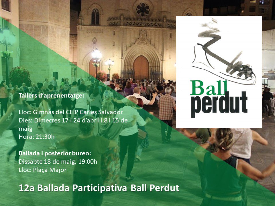 El pròxim dissabte 18 de maig es celebra la 12a Ballada Participativa del Ball Perdut a la Plaça Major de Castelló. Us deixem les dates i lloc dels tallers d'aprenentatge. No hi podeu faltar!