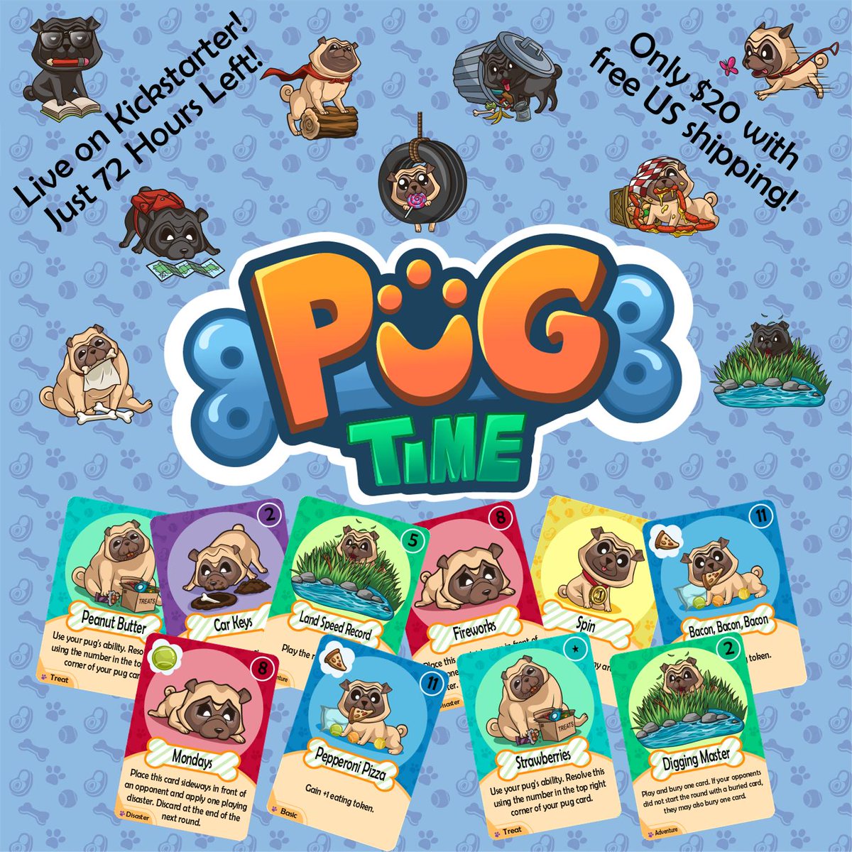 ceziumgames's tweet photo. We're under 72 hours and just hit 70% of our goal! The 48 hour email goes out in less than a day, and if we're able to reach 75% before that we can definitely get there! Come back Pug Time now! https://t.co/gyetC3dG4F
#ItsPugTime #pugs #pug #cardgames #familygames #Kickstarter https://t.co/R9NKNmW19z