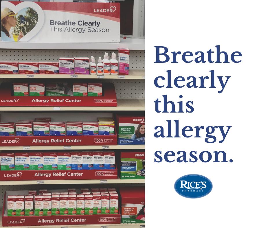 Don't let allergies get you down. Visit our Allergy Relief Center <a href="/RicePharmacy/">Rice's Pharmacy</a>  #allergyseason #allergies