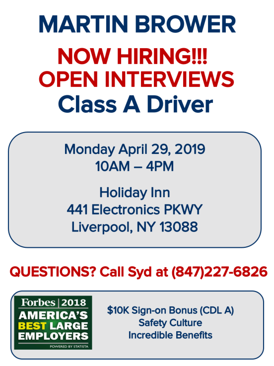 Come join <a href="/MBHires/">Martin Brower</a> at our upcoming #OpenInterviews session on April 29! We'd be pleased to meet you! #MBHires #careerfair #HiringNow #NowHiring #Classadrivers #openinterviews #Drivers #driverjobs #newyorkjobs