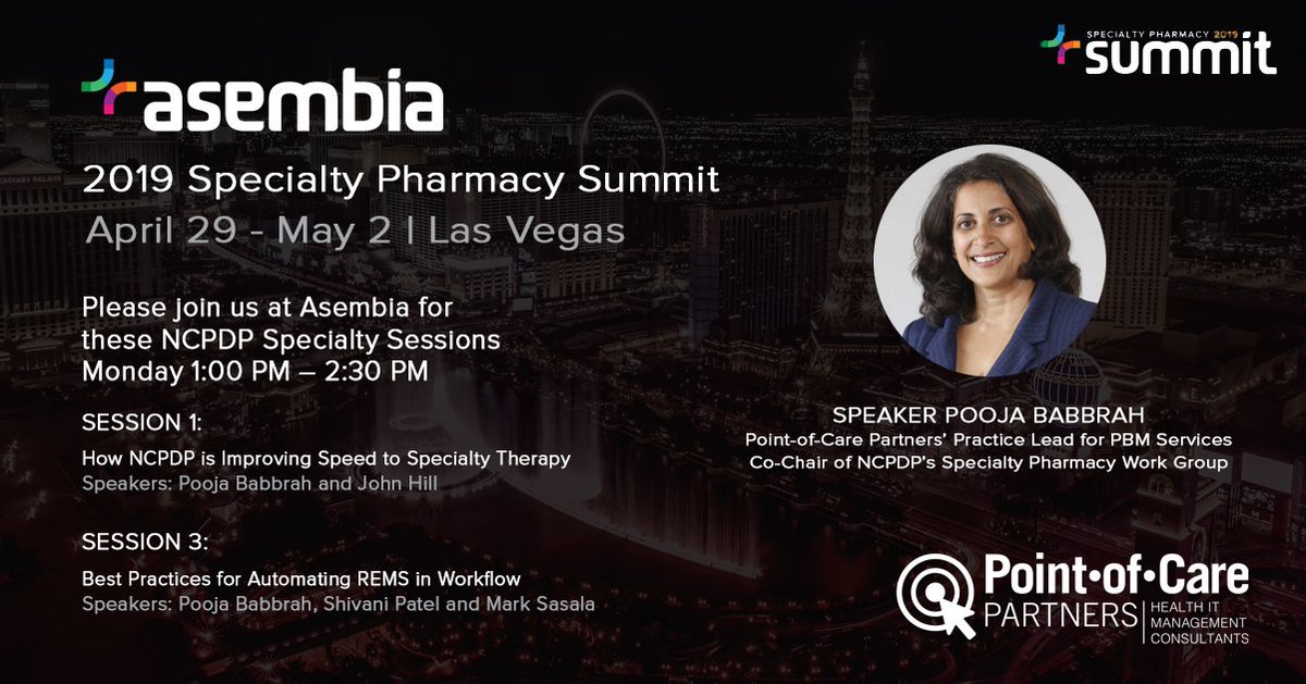 pocpHIT's tweet photo. NEW at #Asembia19: @NCPDP Specialty Sessions: Leveraging Standards for Improved Outcomes. Please join @pocpHIT Practice Lead @Pooja_POCP to hear the latest on #specialtypharmacy and #REMS automation. To schedule a meeting: https://t.co/16J1O4RPfs @AsembiaRx https://t.co/xNf6Salixr