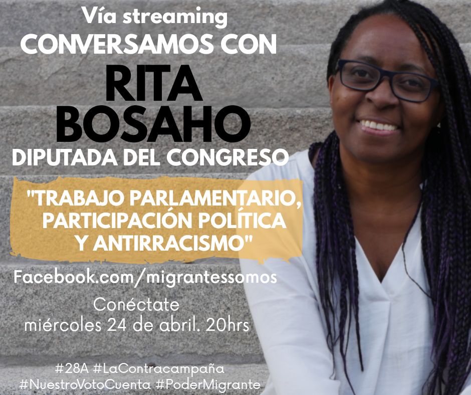PoderMigrante_N's tweet photo. Este miércoles 24 de abril 20hrs, conversamos en directo con la Diputada Rita Bosaho, sobre "Trabajo Parlamentario, participación política y Antirracismo". ¡Conéctate!
Aquí toda la info👇
https://t.co/huTC8a7N0R

¡Pasa la voz! 📣

#28A #PoderMigrante https://t.co/EkPKPgU9jl