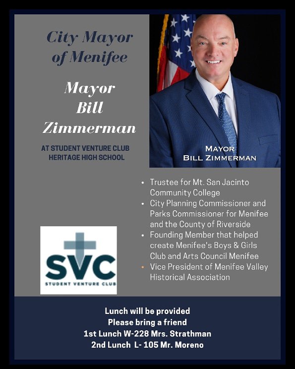 HeritageSVC's tweet photo. Get the word out:TOMORROW
the City Mayor of Menifee Bill Zimmerman will be blessing us with his testimony at Student Venture Club on Tuesday April 23rd at Heritage High School. Invite your friends for a message &amp; lunch 🍕
1st Lunch W-228 Mrs Strathman
2nd Lunch L-105 Mr. Moreno https://t.co/ZHrnHYhxrg