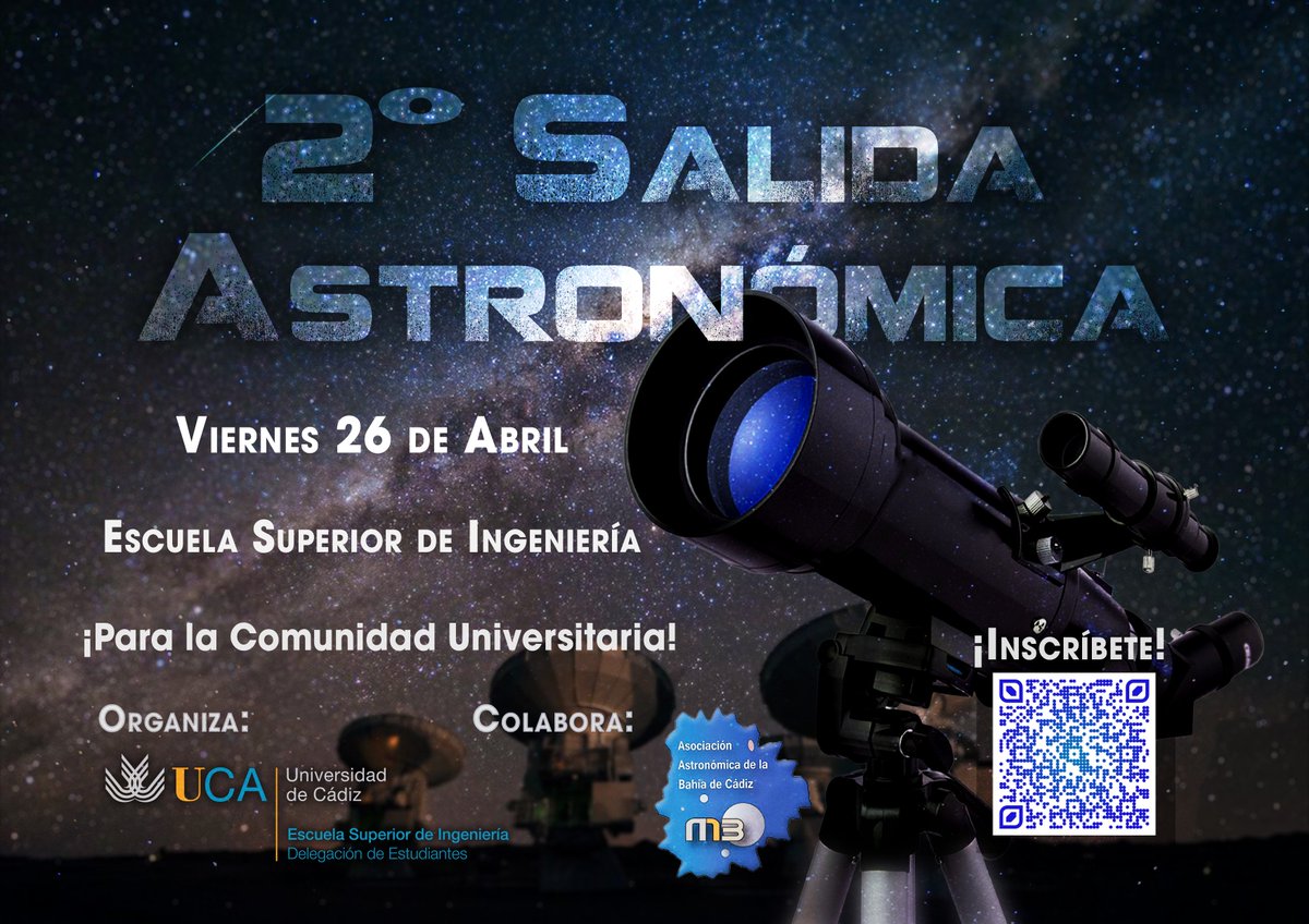ACT_ESI's tweet photo. Si quieres disfrutar con estrellas y constelaciones, no te pierdas la II Salida Astronómica organizada por @EstudiantesESI. El próximo viernes 26 de abril a las 22h en las cercanías de @esingenieriauca. Inscríbete https://t.co/PgfDSVWIFK. Plazas limitadas https://t.co/y4UMYMoCuw
