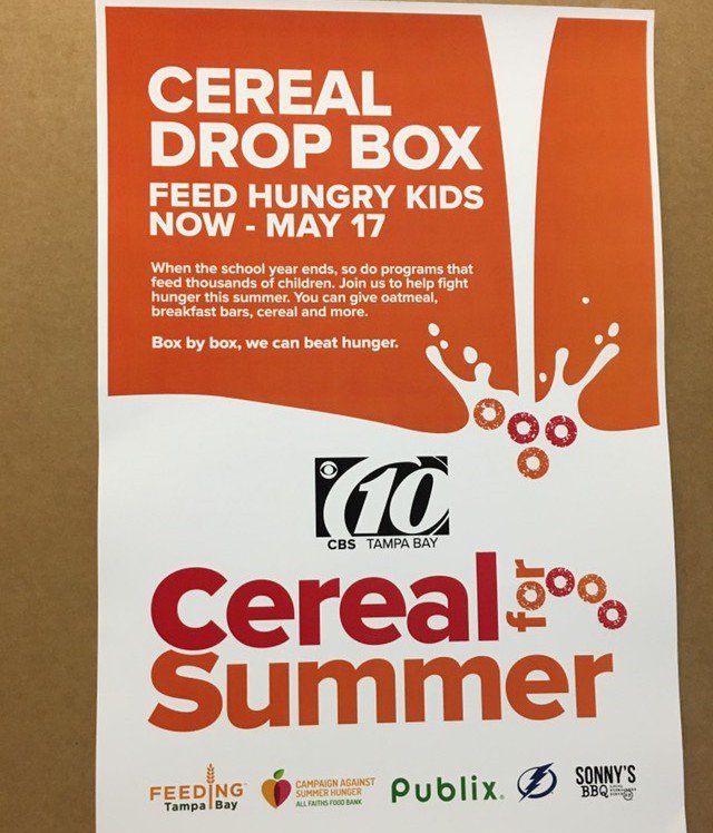 PascoSheriff's tweet photo. Channel 10 is sponsoring a Cereal Drop Box to fight hunger. From today to May 17th you can drop off cereal, oatmeal, breakfast bars and more at any of the PSO district offices or the Administration office! 💚 https://t.co/7GXCRoMJfW