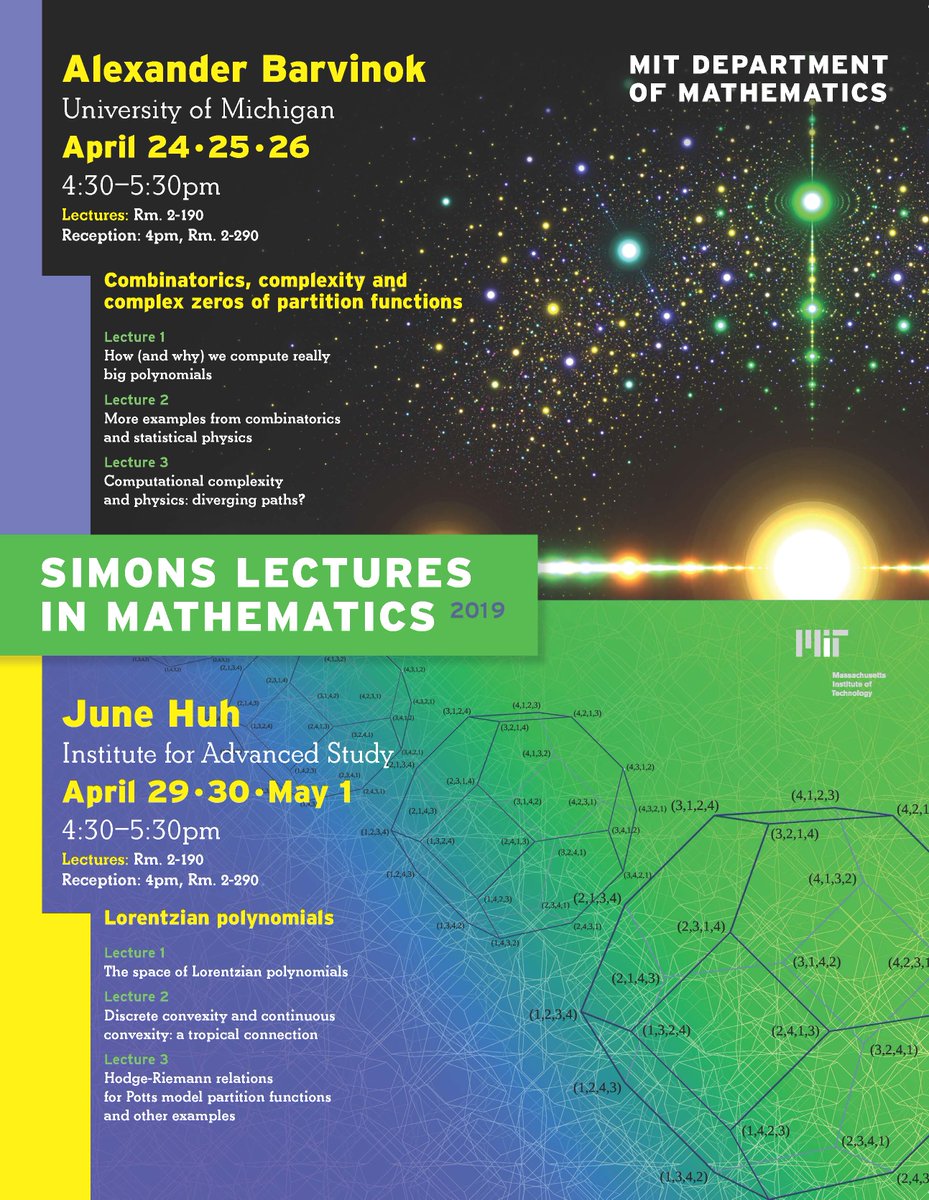 MITMath's tweet photo. Join us! Alexander Barvinok of @UMich lectures on combinatorics, complexity, and complex zeros of partition functions Wed, April 24, thru Fri, April 26, each day at 4:30pm in 2-190, part of our #SimonsLectures in mathematics https://t.co/KedUHaM6Qj https://t.co/B5kFezvXC0