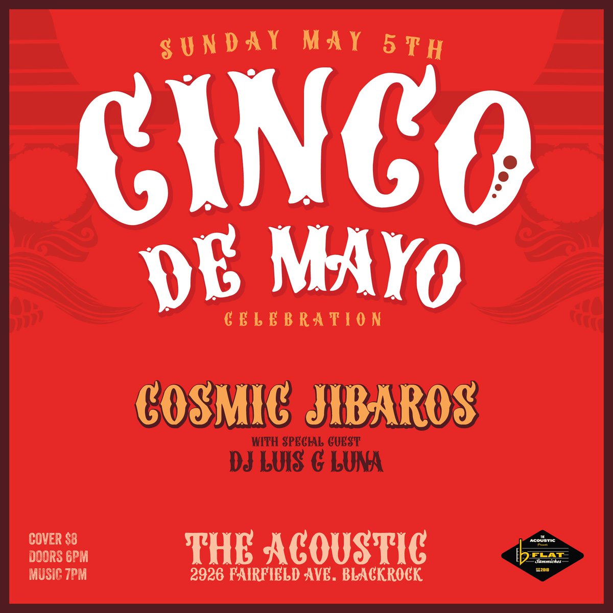 CosmicJibaros's tweet photo. It's less than two weeks away! Joins us for the Annual Cinco De Mayo Celebration! @TheAcousticBPT 
#CincodeMayo #Bridgeport #SupportLiveMusic https://t.co/YfzUZVOl85