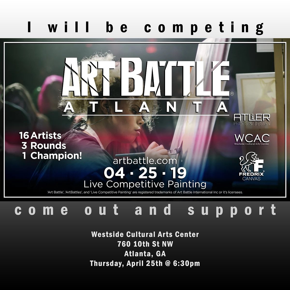 LifeForever3's tweet photo. Instead of the #LiveStream this week, you just get me #LIVE. Come out and cheer me on at @ArtBattleAtlanta this Thursday!
@artbattle @westsideartsctr #artbattle #liveevent #art #livepainting #atlanta #atlantaart #atlart #artcompetition #tournament #liveart #DeForrest #LifeForever https://t.co/Y4CI032yRS