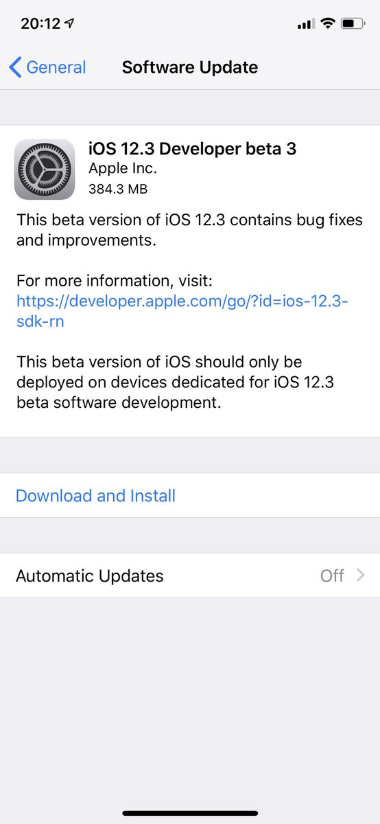 iSWUpdates's tweet photo. iOS 12.3 Beta 3 (16F5139e) has been released. #iOS #iOS123 #Beta3 #iOS123DevBeta3 #iOS123Beta3 https://t.co/ScTt4mSGg4
