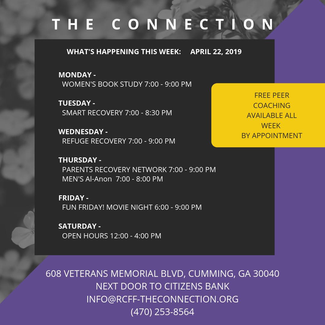 Happy Monday, Forsyth County! Here's what's happening this week at The Connection!

#EmpoweringRecovery #RecoveryRocks